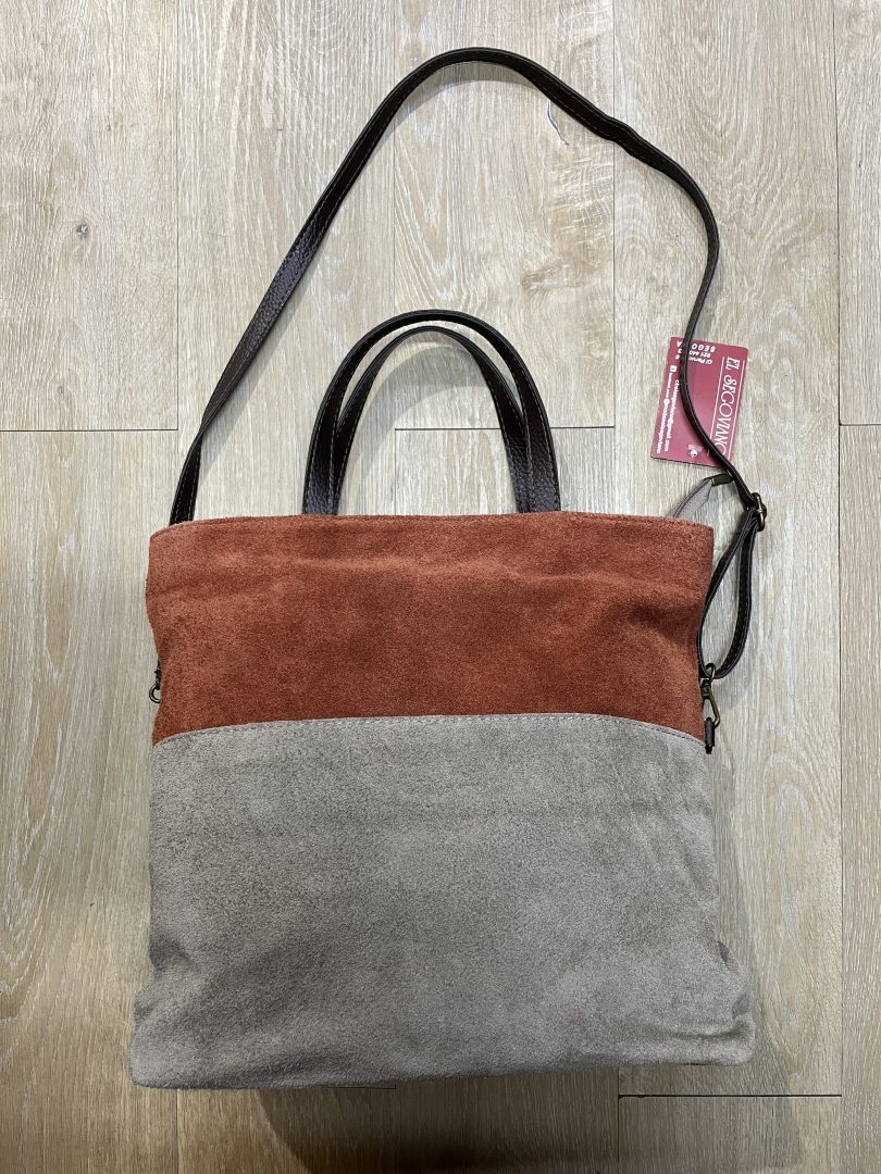 Bolso tote de ante bicolor de piel con asa corta y asa larga, cierre con cremallera