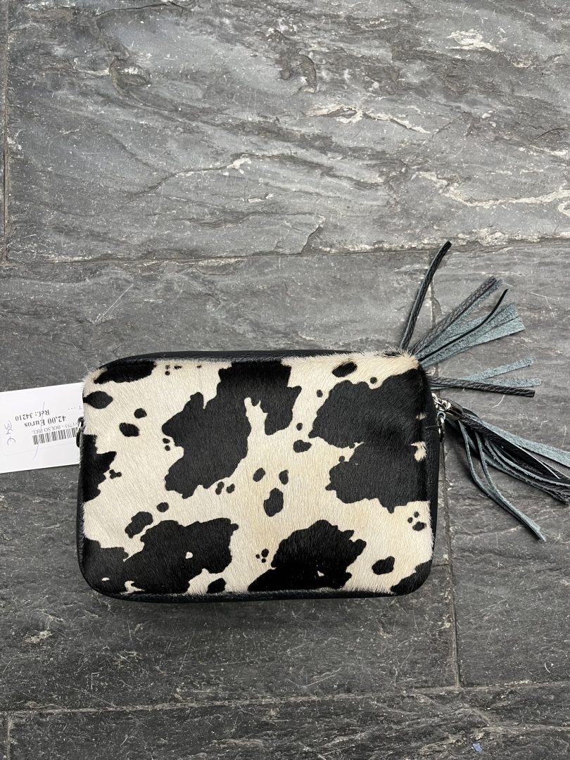 Bolso de Piel Negro con Pelo de Potro Animal Print Tipo Vaca y Doble Cremallera