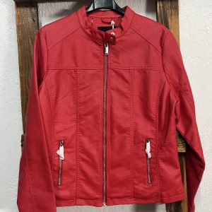 Cazadora roja polipiel talla grande corte recto con cremallera frontal y bolsillos