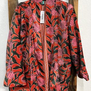 Kimono reversible de terciopelo rojo estampado floral con bolsillos