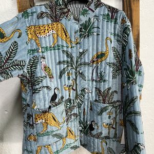 Kimono reversible de terciopelo azul estampado animales con bolsillos