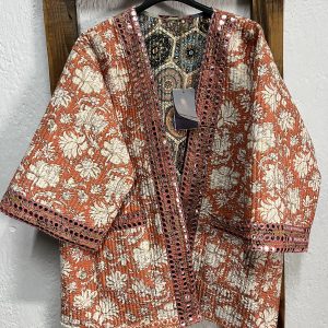 Kimono reversible India algodón teja estampado floral con bolsillos