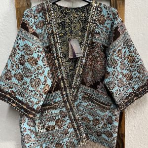 Kimono reversible India algodón azul estampado ornamental con bolsillos