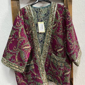 Kimono reversible India algodón fucsia estampado paisley con bolsillos