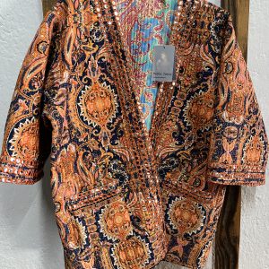 Kimono reversible India algodón naranja estampado paisley con bolsillos