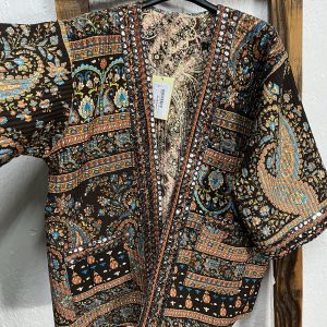 Kimono reversible India algodón estampado paisley tonos tierra con bolsillos