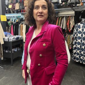 Americana Terciopelo Rosa Fucsia Cruzada con Botones Dorados