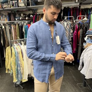 Camisa azul 100% lino cuello mao para hombre