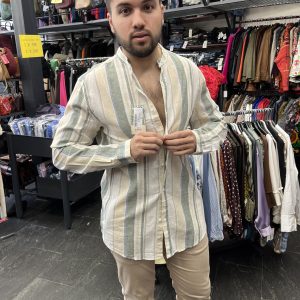 Camisa estilo verde cuello mao 55% lino 45% algodón semientallada