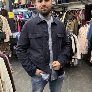 Chaqueta azul marino lino algodón con bolsillos de plastrón