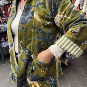 Kimono Reversible Terciopelo Verde Estampado Animales