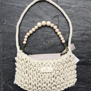 Bolso Trenzado Beige Algodón con Asa de Madera