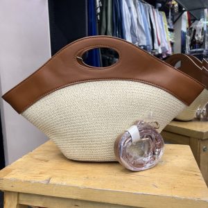 Bolso Abanico Rafia y Polipiel Camel