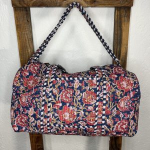 Bolsón Acolchado de Viaje 100% Algodón Estampado Floral Azul y Rojo