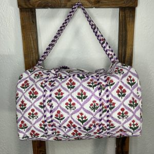 Bolsón Acolchado de Viaje 100% Algodón Estampado Floral Rojo y Lila