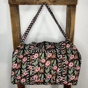 Bolsón Acolchado de Viaje 100% Algodón Estampado Floral Fondo Negro