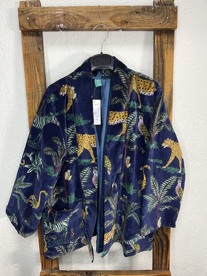 Kimono Reversible Terciopelo Azul Marino Estampado Animales