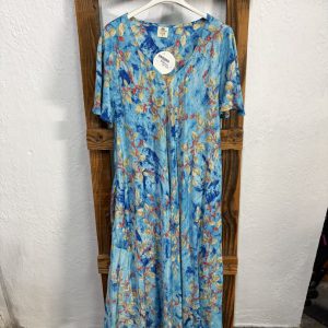Vestido Seda Estampado Floral Acuarela Azul