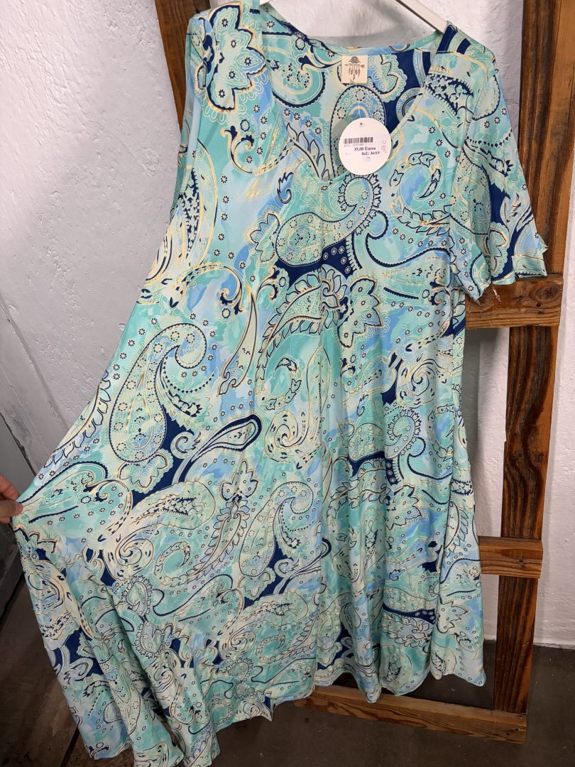 Vestido Seda Estampado Cachemir Turquesa - Imagen 2