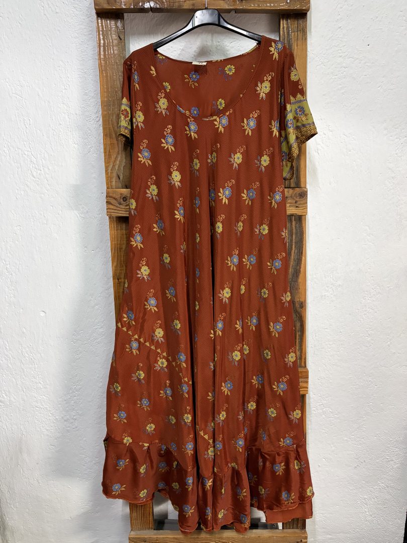 Vestido Seda Floral Teja