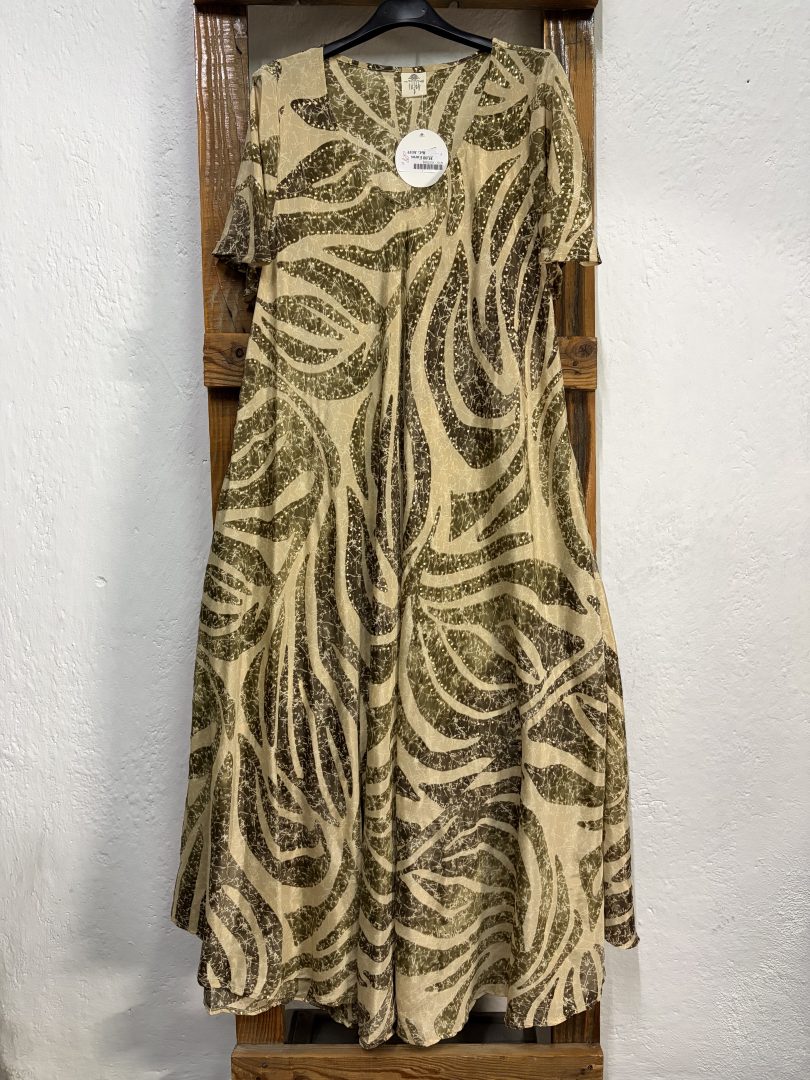 Vestido Seda Hojas Arena Oliva