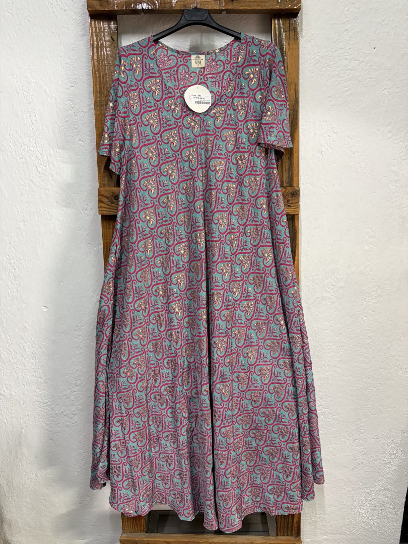 Vestido Seda Turquesa Cachemir Fucsia
