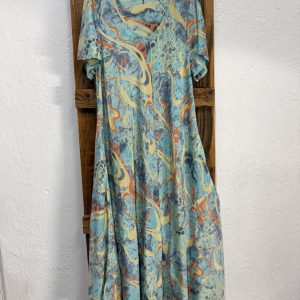 Vestido Seda Estampado Abstracto Azul