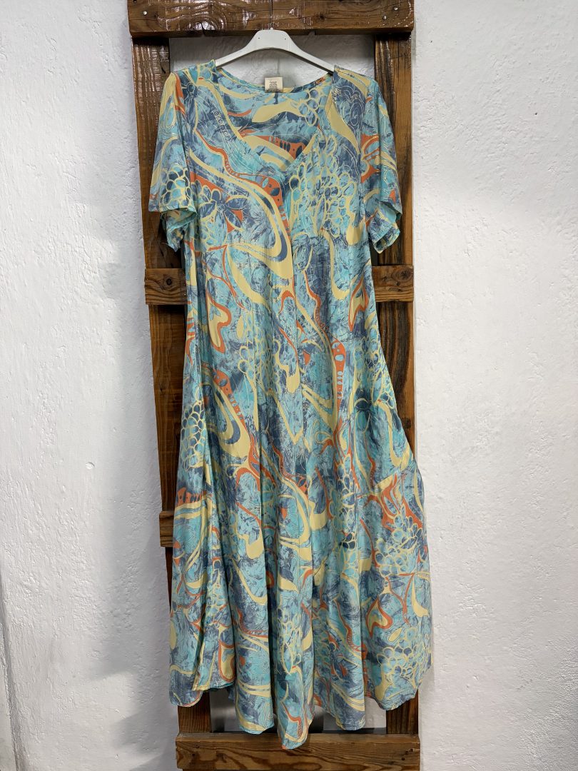 Vestido Seda Estampado Abstracto Azul