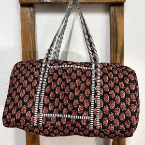 Bolsón Acolchado de Viaje 100% Algodón – Floral Negro y Rojo