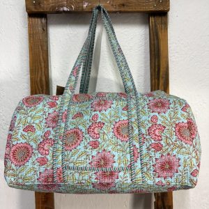 Bolsón Acolchado de Viaje 100% Algodón – Floral Turquesa y Rosa