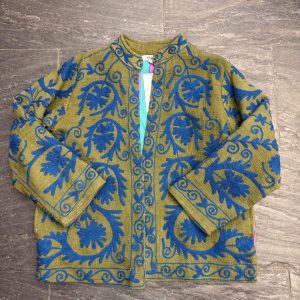 Kimono Suzani Verde Oliva con Bordado Azul