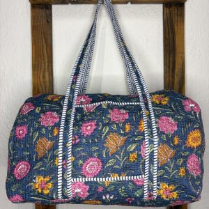 Bolsón Acolchado de Viaje 100% Algodón – Floral Azul Petróleo