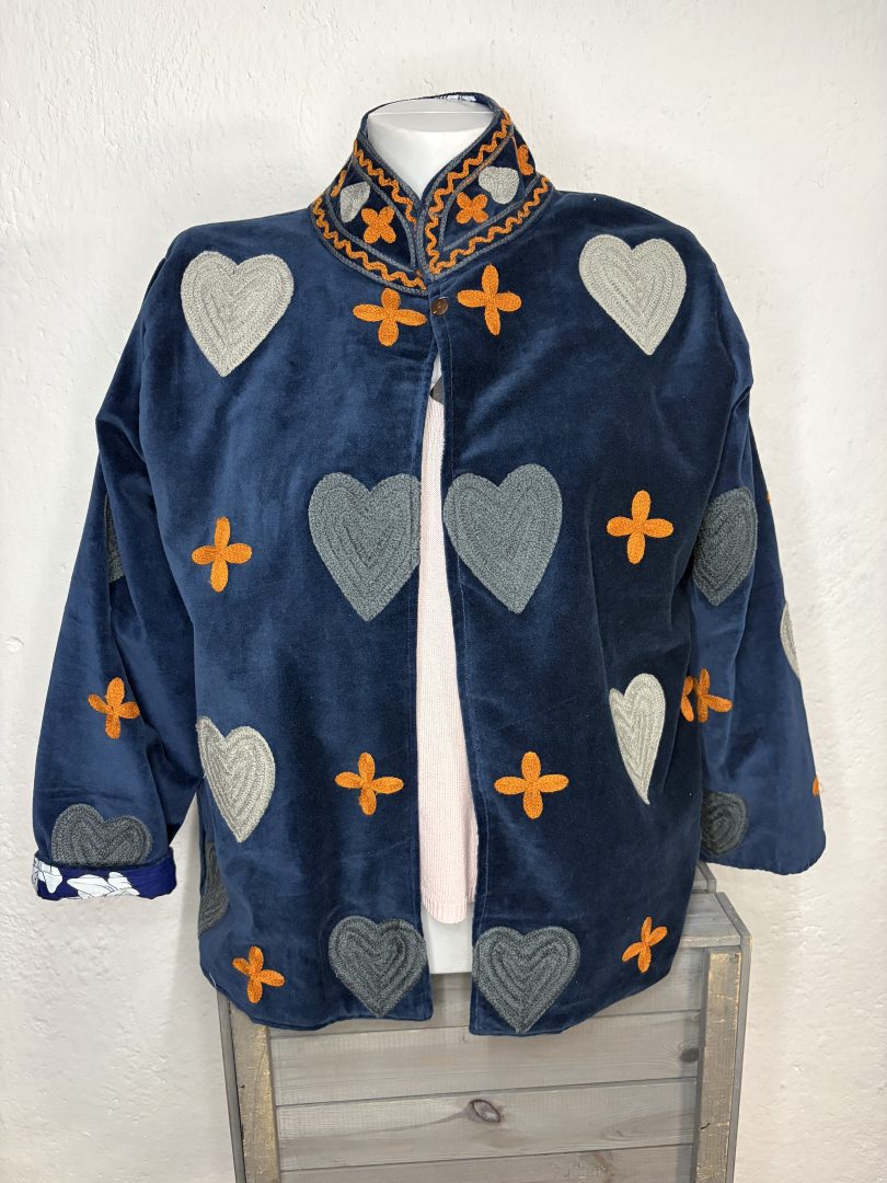 Kimono Terciopelo Azul Corazones