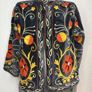 Kimono Terciopelo Gris Floral Naranja