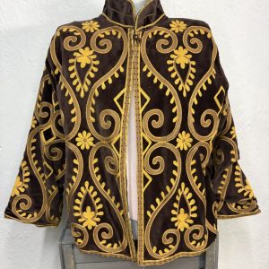 Kimono Terciopelo Marrón Arabescos Dorados