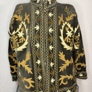 Kimono Terciopelo Verde Oliva Bordado Dorado