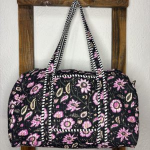 Bolsón Acolchado de Viaje 100% Algodón – Floral Rosa y Negro